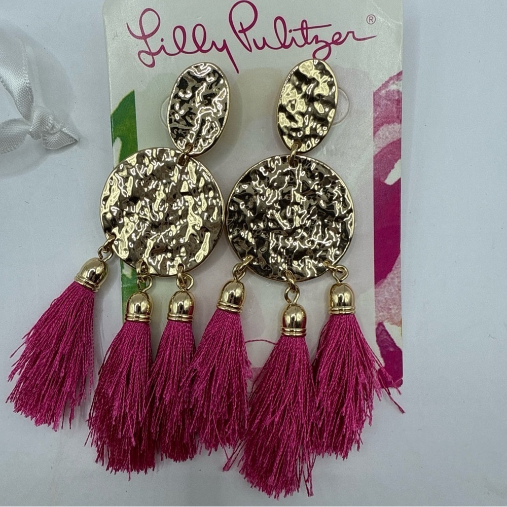 Lilly Pulitzer NWT Boho Mermaid Grotto Tassel Fringe Gold Earrings pink - Picture 3 of 5